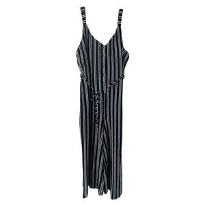 Navy Blue Striped Jumpsuit Womens Size XXL V Neck Wide Leg Belted Sleeveless